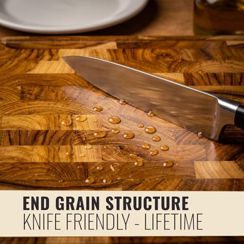 XXL Teak Wood Cutting Board for Kitchen, End Grain ExtraThick Butcher Block | 25 x 15 Inch (ExtraThick 1.7") Professional Heavy Duty Hardwood Non Toxic Wooden Chopping Board (Oil & Plate Included) - color: Teak Wood, size: 24"L x 15"W