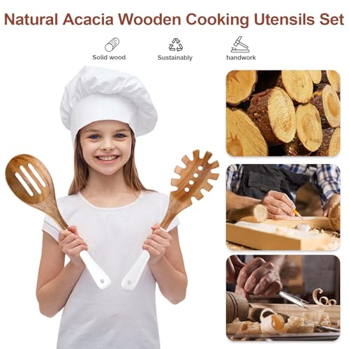 Wooden Spoons For Cooking, 6 Pieces Natural Acacia Wooden Cooking Utensils or Non-Stick Wood Kitchen Utensil Set for Kitchen Essentials, Wooden Cooking Utensils Set with Hanging Hole, White - color: White