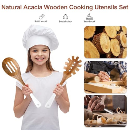 Wooden Spoons For Cooking, 6 Pieces Natural Acacia Wooden Cooking Utensils or Non-Stick Wood Kitchen Utensil Set for Kitchen Essentials, Wooden Cooking Utensils Set with Hanging Hole, White - color: White
