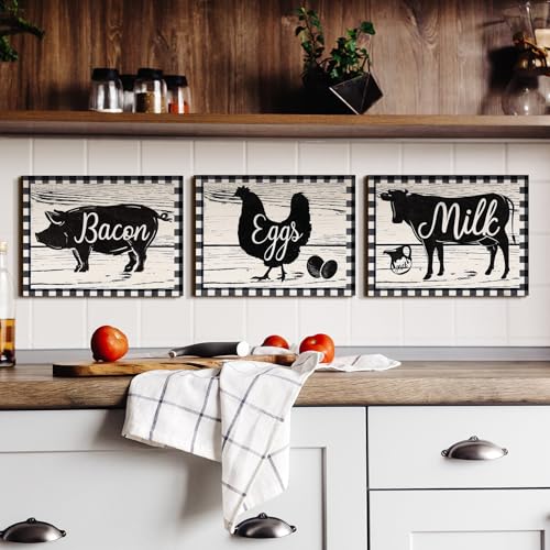 Jetec 3 Pieces Farmhouse Kitchen Decor Wooden Pig Cow Chicken Signs Rustic Buffalo Plaid Wall Art Farm Animal Plaque for Kitchen Home Wall Decorations, 11.8 x 8.8 Inch - size: 11.8 x 8.8 Inch