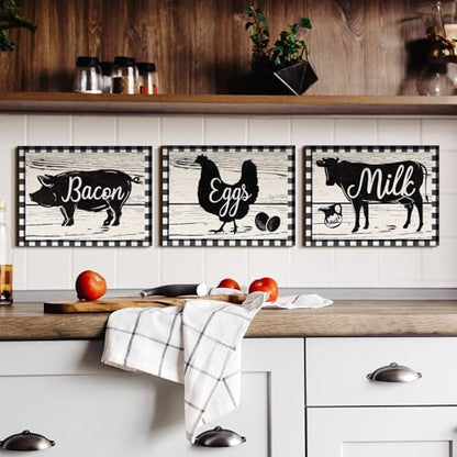 Jetec 3 Pieces Farmhouse Kitchen Decor Wooden Pig Cow Chicken Signs Rustic Buffalo Plaid Wall Art Farm Animal Plaque for Kitchen Home Wall Decorations, 11.8 x 8.8 Inch - size: 11.8 x 8.8 Inch