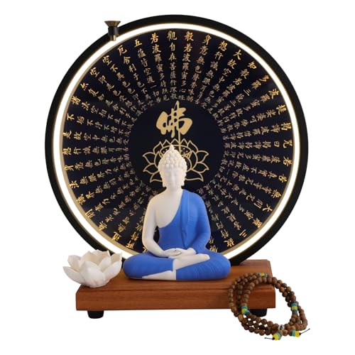 Buddha Statue Decoration, Ceramic Buddha Statue with LED Ring Light & Backflow Incense Burner, Meditation Decor for Home and Office (Blue) - color: Blue