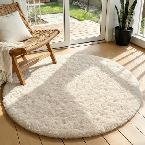 Ophanie Round Rugs 3Ft Ivory Circle Area Rug Washable, Nursery Bedroom Carpet, Small Fluffy Fuzzy Plush Soft Shaggy Cream Living Room Christmas Aesthetic Decor for Kids Boys Girls Teen Baby Home, Dorm - color: 2- Ivory, size: 3' (Round)
