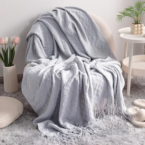 NTBAY Acrylic Knit Throw Blanket, 51 x 67, Light Grey Checkered | Lightweight Acrylic Wave-Knit Throw with 7 Inch Tassels for Sofa, Bed, Reading, Travel, and Decorative Layering - color: Light Gery, size: Throw (51"x67")
