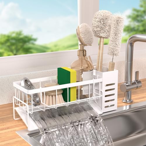 304 Stainless Steel Over Sink Caddy Sponge Soap Organizer White | Auto sloped drainage with removable tray, 3 divided spaces for sponge & soap, rustproof steel, no installation needed - color: White