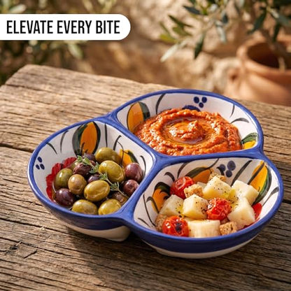3-Compartment Ceramic Serving Dish, Handmade in Spain | 7.5” divided chip and dip bowl with lead-free glaze, microwave, oven and dishwasher safe, ideal for tapas, snacks and sauces - color: Fiesta Flower