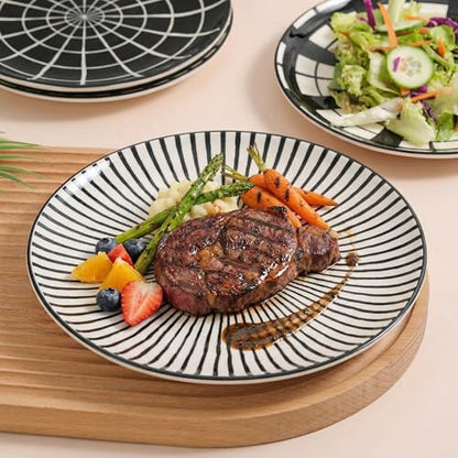Ceramic Dessert Plates 8 Inch - Salad Appetizer Plate Set of 6 - Modern Japanese Style - Dishwasher and Microwave Safe - Black and White - size: 8 inch
