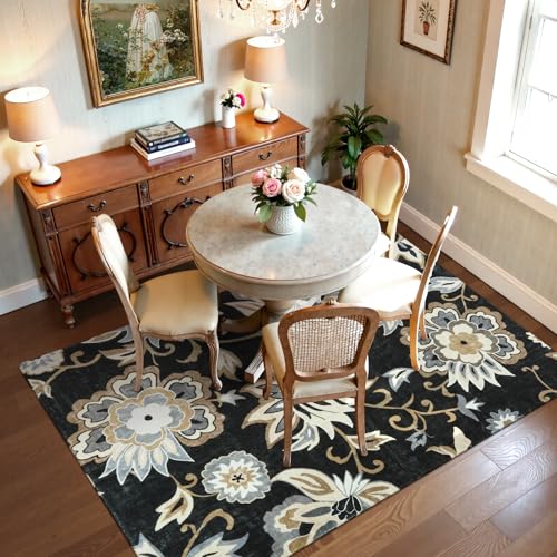 Lahome Floral Black Rug for Living Room - Washable 5 x 7 Area Rugs for Bedroom Non-Slip Ultra-Thin Large Rug Stain Resistant Dining Room Rugs, Paisley Print Accent Rugs Carpet for Office Kitchen | Non-Slip Ultra-Thin Large Bedroom Rug, Stain Resistant Din