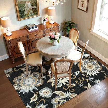 Lahome Floral Black Rug for Living Room - Washable 5 x 7 Area Rugs for Bedroom Non-Slip Ultra-Thin Large Rug Stain Resistant Dining Room Rugs, Paisley Print Accent Rugs Carpet for Office Kitchen | Non-Slip Ultra-Thin Large Bedroom Rug, Stain Resistant Din