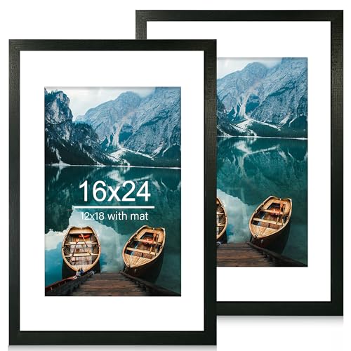 Hongkee 16x24 Frame Set of 2, Rustic Black Wood Style - Display 16 x 24 Picture without Mat or 12x18 Picture with Mat, Wall Mounting Horizontal and Vertical - color: Rustic Black, size: 16x24 in