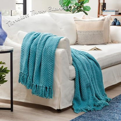 Chanasya Premium Textured Knit Throw Blanket with Tassels - Soft, Cozy Blanket for Couch, Bed, Living Room - 50" x 65” - Aqua - color: Aqua