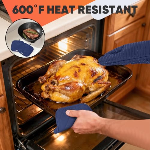 Oven Mitts Kitchen Towels and Dishcloths with Pot Holders Sets, Oven Gloves Hot Pads 500°F Heat Resistant with Silicone Grip, Include 2 Cooking Gloves/2 Potholders/4 Kitchen Towels/4 Dish Towels - color: Marine Blue
