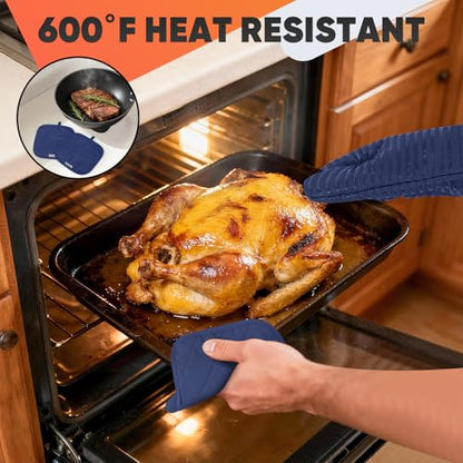Oven Mitts Kitchen Towels and Dishcloths with Pot Holders Sets, Oven Gloves Hot Pads 500°F Heat Resistant with Silicone Grip, Include 2 Cooking Gloves/2 Potholders/4 Kitchen Towels/4 Dish Towels - color: Marine Blue