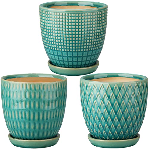 Oairse 4 inches Ceramic Planters Pots for Indoor Plants 3 Set of Small Round Flower Pots with Drainage Hole and Ceramic Tray Modern Planters Set for Succulents Cactus Garden Home Windowsill Table - color: Teal