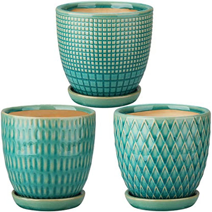 Oairse 4 inches Ceramic Planters Pots for Indoor Plants 3 Set of Small Round Flower Pots with Drainage Hole and Ceramic Tray Modern Planters Set for Succulents Cactus Garden Home Windowsill Table - color: Teal