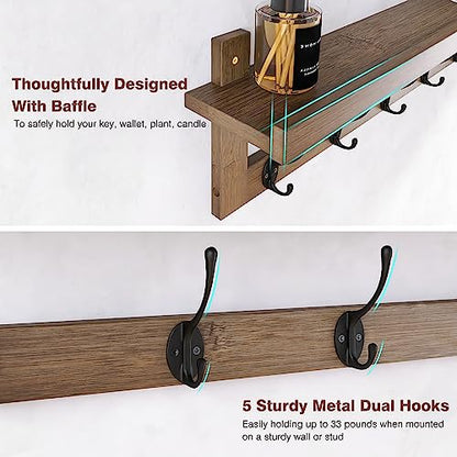 SMIBUY Coat Hooks with Shelf Wall-Mounted, 29.2 Inch Entryway Coat Rack for Wall, Bamboo Hanging Shelf with 5 Double Metal Hooks for Bathroom, Bedroom, Kitchen, Living Room, Mudroom (Walnut) - color: Walnut+Black