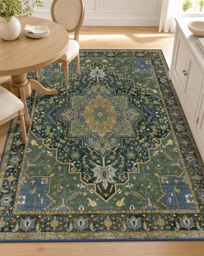 OLANLY 3x5 Washable Accent Rug, Soft Non Slip Carpet for Entryway Bedside | Dark Green Boho Vintage Floral Medallion Farmhouse Rug, Spill & Stain Resistant Low Pile, for Kitchen Laundry Office Bedroom - color: Dark Green, size: 3' x 5' (Rectangular)