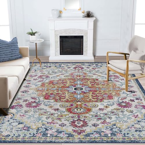 Area Rug 4x6 Washable Rug Blue/Orange/Beige Vintage Traditional | Floor Cover Foldable Thin Retro Accent Indoor Distressed Non Slip Carpet Floral Print Mat Bedroom Living Room Bathroom - color: Blue Orange, size: 4' x 6' (Rectangular)