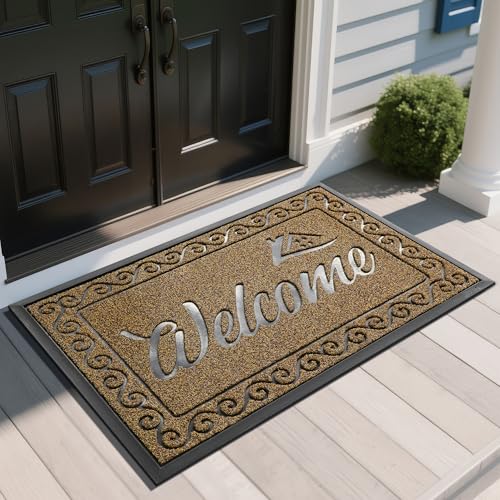 Yimobra Welcome Mat, Heavy Duty Sturdy Door Mats for Home Entrance Outdoor Indoor, Front Doormat for Outside Patio Floor Entry Porch Garage Office, Waterproof, Low Profile, 47X32 Inches, Beige Brown - color: Brown, size: 47x32 Inch