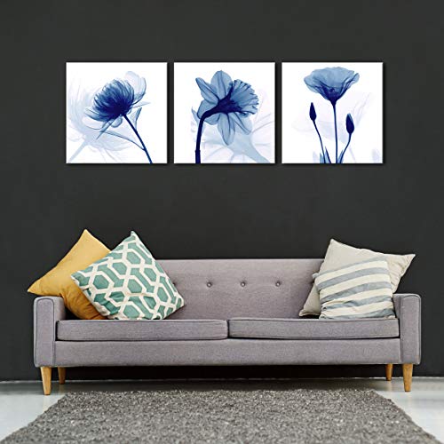 Wieco Art Blue Abstract Flowers 3 Panels Canvas Prints Wall Art Modern Pictures Artwork for Living Room Bedroom and Home Decorations - size: 20x20inchx3pcs (Unframed)