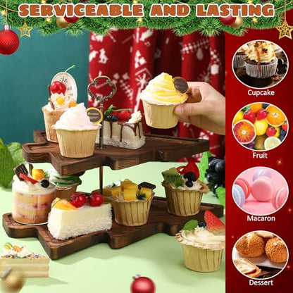 Wood 2-Tiered Christmas Tree Tray Cupcake Stand Dessert Display Holiday Serving Platters Xmas Wooden Charcuterie Board for Snacks Food Fruit Appetizers Desserts Cookies (Dark Brown) - color: Dark Brown