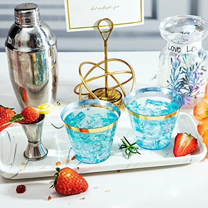 MirthMood 150PCS Blue Plastic Cups,9oz Clear Disposable Cups with Gold Rim | Old Fashioned Tumblers Gold Rimmed Plastic Cups for Any occasion: Weddings, Parties, Business Events - color: Blue