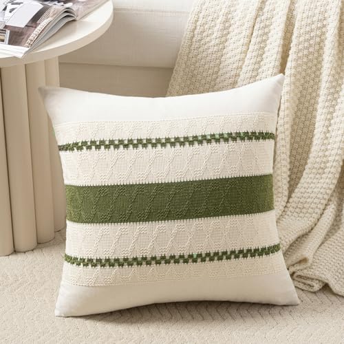 Fancy Homi Set of 1 Boho Moss Green Decorative Throw Pillow Cover 16x16 Inch for Couch Bed Sofa, Aesthetic Modern Organic Farmhouse Home Decor, Soft Cotton Cute Accent Macrame Woven Cushion Case - color: Moss Green, size: 16" x 16" (Pack of 1)