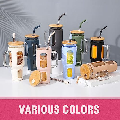 WINSA Glass Tumbler with Lid and Straw, 46 oz, Cotton Pink | Iced Coffee Cup with Handle, Large Water Bottle with Silicone Sleeve, Pearl Straw & Drinking Straw, BPA Free - color: CottonPink, size: 46 Ounces