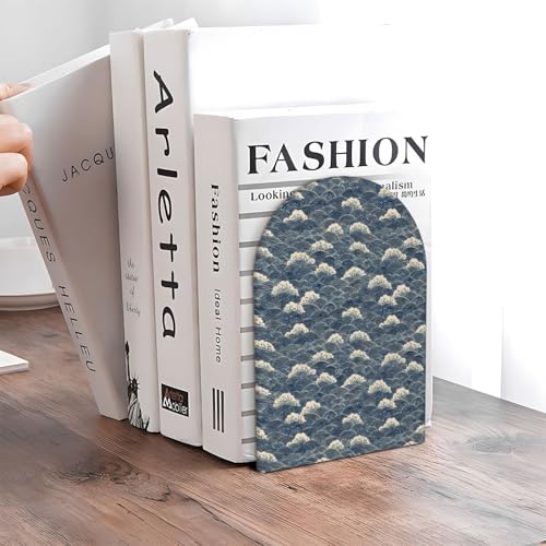 Japanese Water Wave (1) Print Wooden Bookends,1 Pair Book Ends,Book Organizer for Office Desk, Home and School