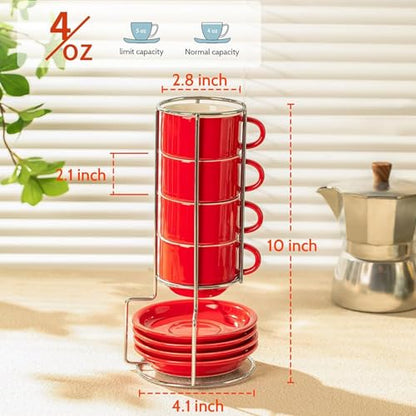 Sweese 4 Ounce Porcelain Stackable Espresso Cups with Saucers and Metal Stand Set of 4, Red - color: Red, size: 4 Ounces