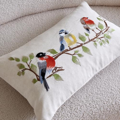 1PS Three Birds Branch Embroidery Craft Throw Pillow Cover, Natural Linen Fabric Decorative Cushion Cover, No Insert for Farmhouse Sofa Home Decor (Beige, 50x30cm) - size: 19.6" x 11.8" (Pack of 1)