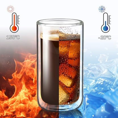 Joeyan Glass Double Walled Beer Drinking Glasses, Insulated Thermo Glass Tumbler Without Hole, Thickened Water Cocktail Highball Glass Cups, Smoothie Tea Coffee Glassware, 12oz, 2Pack, Dishwasher Safe - color: 360ml-Clear without hole