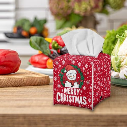 Snowman Tissue Box Cover PU Leather Facial Paper Holder Waterproof Napkin Organizer Dispenser for End Table,Office Desk, Nightstand, Merry Christmas, Red - color: Snowman Merry Christmas