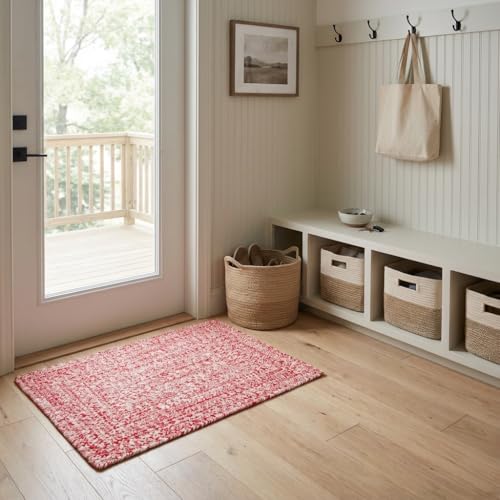 Super Area Rugs Farmhouse Braided Rug Cotton Kitchen Reversible Carpet, Red & White, 2' X 3' Rectangle - color: Red & White, size: 2' x 3' (Rectangular)