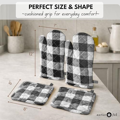 Native Fab Buffalo Plaid Check Oven Mitts and Pot Holders Set of 4, 100% Cotton Heat Resistant Kitchen Gloves, 2 Oven Mitts (7x13), 2 Pot Holders (8x8) for Cooking & Baking, Steel Grey White - color: Buffalo, Dark Grey