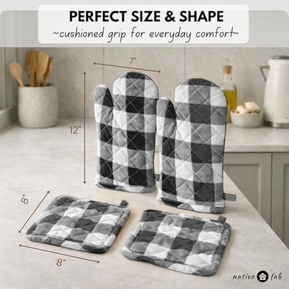 Native Fab Buffalo Plaid Check Oven Mitts and Pot Holders Set of 4, 100% Cotton Heat Resistant Kitchen Gloves, 2 Oven Mitts (7x13), 2 Pot Holders (8x8) for Cooking & Baking, Steel Grey White - color: Buffalo, Dark Grey