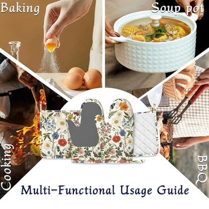 Wildflowers Butterfly Pot Holders and Oven Mitts Set Silicone Tropical Herbs Kitchen Gloves Potholders Heat Resistant Washable,Chef Cooking Baking Gifts for Women Men Bakers Lover Cooks - color: Wildflowers Butterfly,tropical Herbs