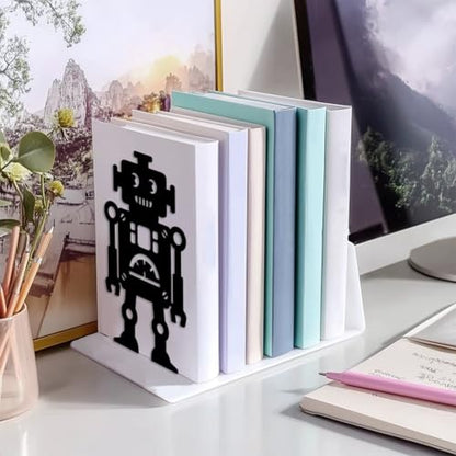 5.3"x4.3"x7.9" Metal Bookends, Heavy Duty Book Ends for Shelves | Robot Theme Cast Iron Book Supports, 1 Pair Decor Stoppers for Desk, Library, Office & Home Shelves - style: Robot