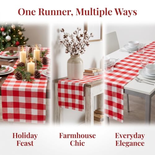 ShinyBeauty 4 Packs Checkered Table Runner 72 Inches Long Red and White | Christmas Buffalo Plaid Linen, Soft Cotton, for Farmhouse Thanksgiving Dining Tables Seating 4-6, 14 Inch Wide, Folded Hem - color: Red & White, size: 72''x13''x4PCS