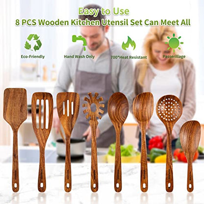 Wooden Spoons for Cooking,8PCS Natural Acacia Wood Utensil Set | Easy to Clean, Durable, Smooth with Comfort Grip,Nonstick Safe & Heat Resistant with Ergonomic Handles,For gift - size: 8 pieces (Acacia)