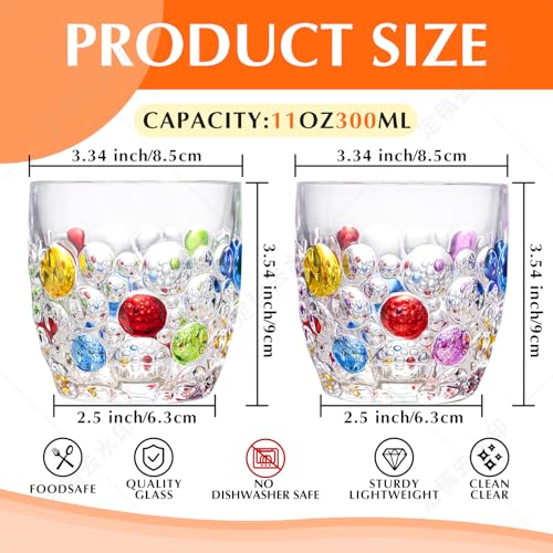 Handmade Crystal Water Glasses, So Cute, Colored Beaded, Set of 6, Bubble Design, 11oz Modern Hobnail Drinking Glasses, for Water,Whiskey, Wine, Beer,Juice,Cocktail,Coffee, Champagne, Gift