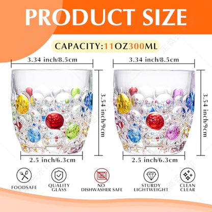 Handmade Crystal Water Glasses, So Cute, Colored Beaded, Set of 6, Bubble Design, 11oz Modern Hobnail Drinking Glasses, for Water,Whiskey, Wine, Beer,Juice,Cocktail,Coffee, Champagne, Gift