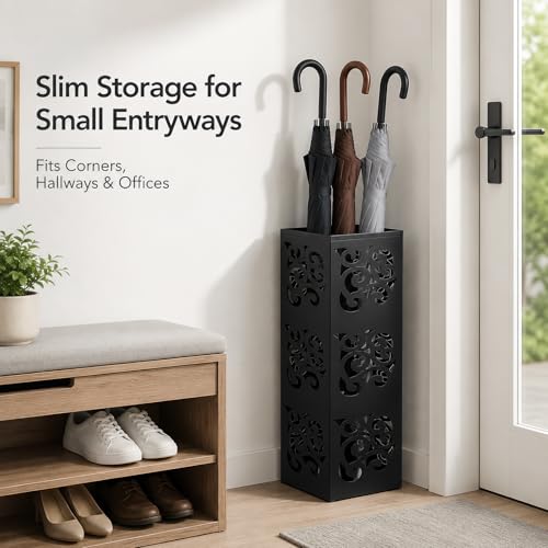 Kingrol Metal Umbrella Holder for Entryway, Square Black Umbrella Stand with Hollow Design, Freestanding Umbrella Rack for Umbrellas, Canes and Walking Sticks, 6 x 6 x 15.75 Inch