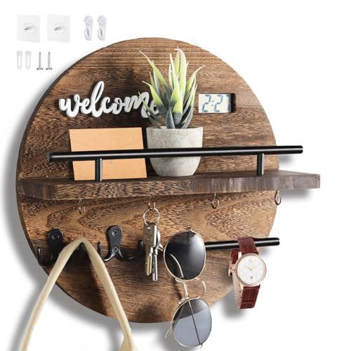 Key Holder for Wall, Key and Mail Holder Organizer with - Key Holder Wall Mount - Round Wooden Rustic Home Decor for Entryway, Mudroom, Hallway, Kitchen Office (Brown) - color: Brown