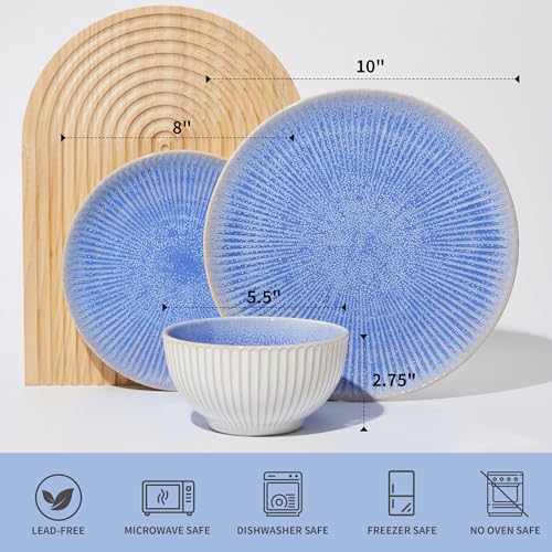 Ceramic Dinnerware Sets for 4, 12pcs Plates and Bowls Sets Dish Set | Stoneware Dishware sets, Microwave & Dishwasher Safe, Cereal Bowls and Dinner Plates Set, Stackable Dishes Set, Blue - color: Embossed Blue, size: Set (12pcs)