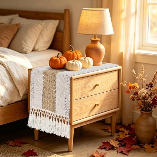 Boho Fall Coffee Table Runner 48 Inch, Farmhouse Burlap Dresser Runner Scarf, Rustic Macrame Runner for Round Table, TV Stand, Entryway Console, Neutral Decor - color: Cream Brown, size: 48 inches
