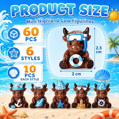 Yaomiao 60 Pcs Mini Resin Coastal Highland Cow Figurines Summer Ocean Highland Cow Statues Beach Coastal Farmhouse Decor Sea Cows Figure Table Decor for Holiday Festive Home Kitchen Tiered Tray - style: Summer Nautical