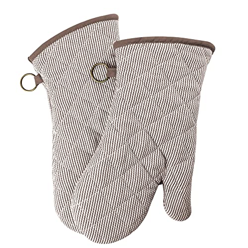 Yarn Dyed Oven Mitts 1 Pair, 100% Cotton Heat Resistant 470 Degree | Oven Gloves for Men Women Cooking Baking Barbecue BBQ Microwave Crafting Machine Washable Pot Holders Mittens (Khaki 2) - color: Khaki