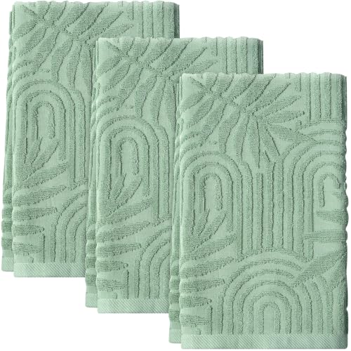 Shemilly 3pcs Sage Green Leaves Boho Hand Towels 100% Cotton,13.7x29.5 Inch | 3D Arched Stripes Soft Decorative Towel for Home Bathroom Kitchen Decor Gift - color: Sage Green Boho