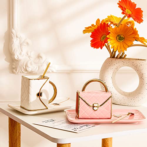 Zubebe 2 Sets Coffee Mug Elegant Handbag Shaped Cup Modern Ceramic Purse Mug with Spoon and Saucer, 10oz Cute Creative Tea Cup for Woman Girls Gift (Pink,White) - color: Pink and White